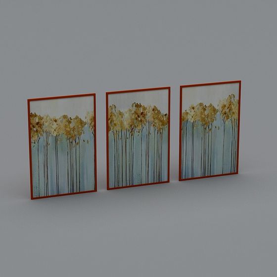 Set of three framed wall art with golden trees on blue background on grey background