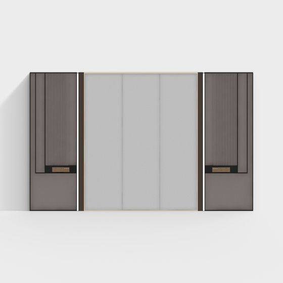Modern dark brown wall panel with ribbed texture and gold handles on white background