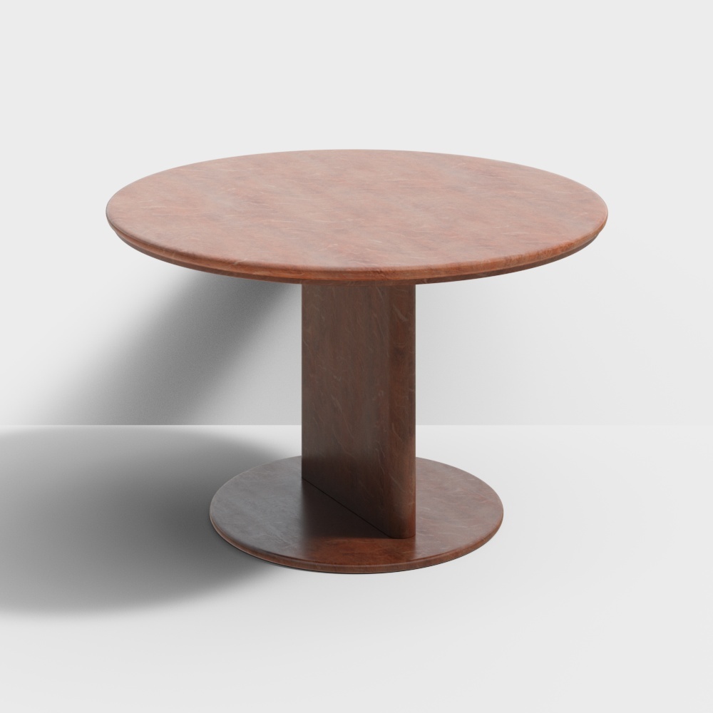Round dark brown wooden table with thick central column base on white background