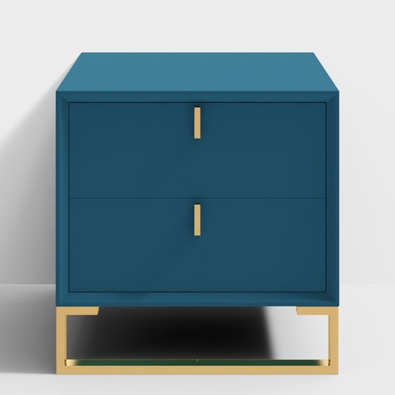 Modern blue bedside cabinet with gold metal legs and handles on white background