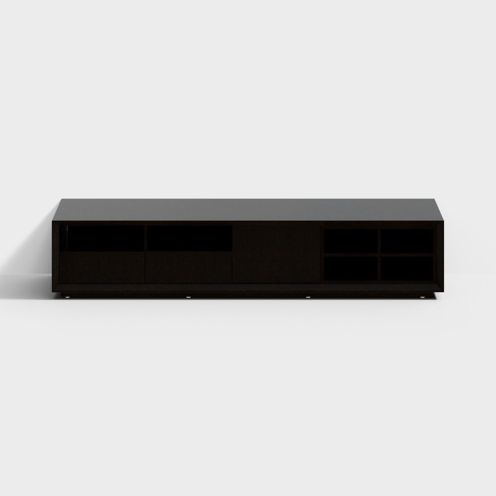 Modern dark wood media cabinet with open shelves and sliding door on white background