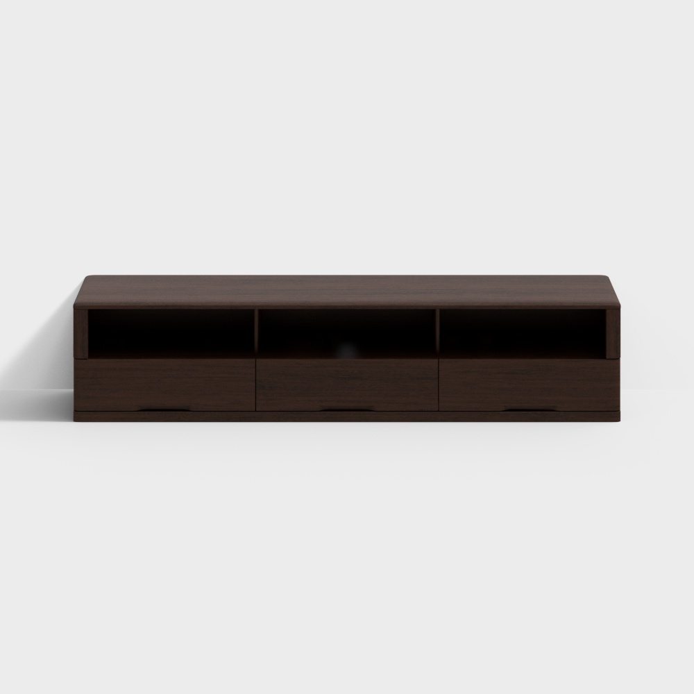 Modern dark brown wooden cabinet with three drawers and open shelves on white background