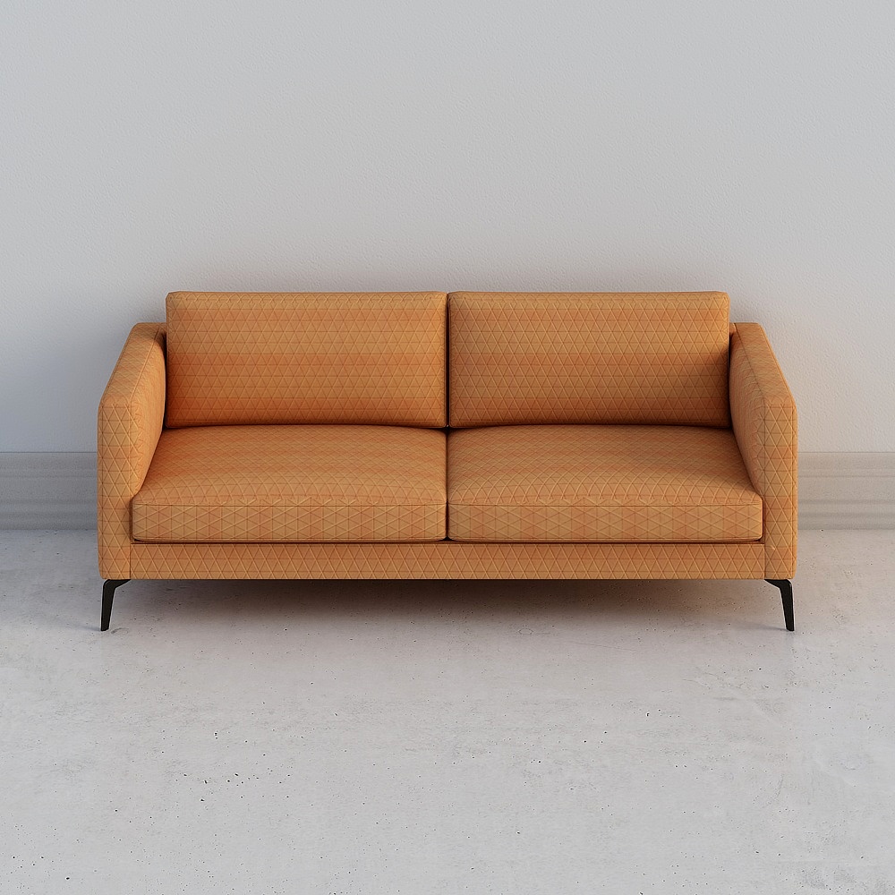 Modern orange fabric sofa with geometric pattern and black metal legs on white background