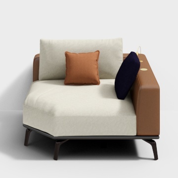 Modern white chaise sofa with brown arm and two pillows on grey background