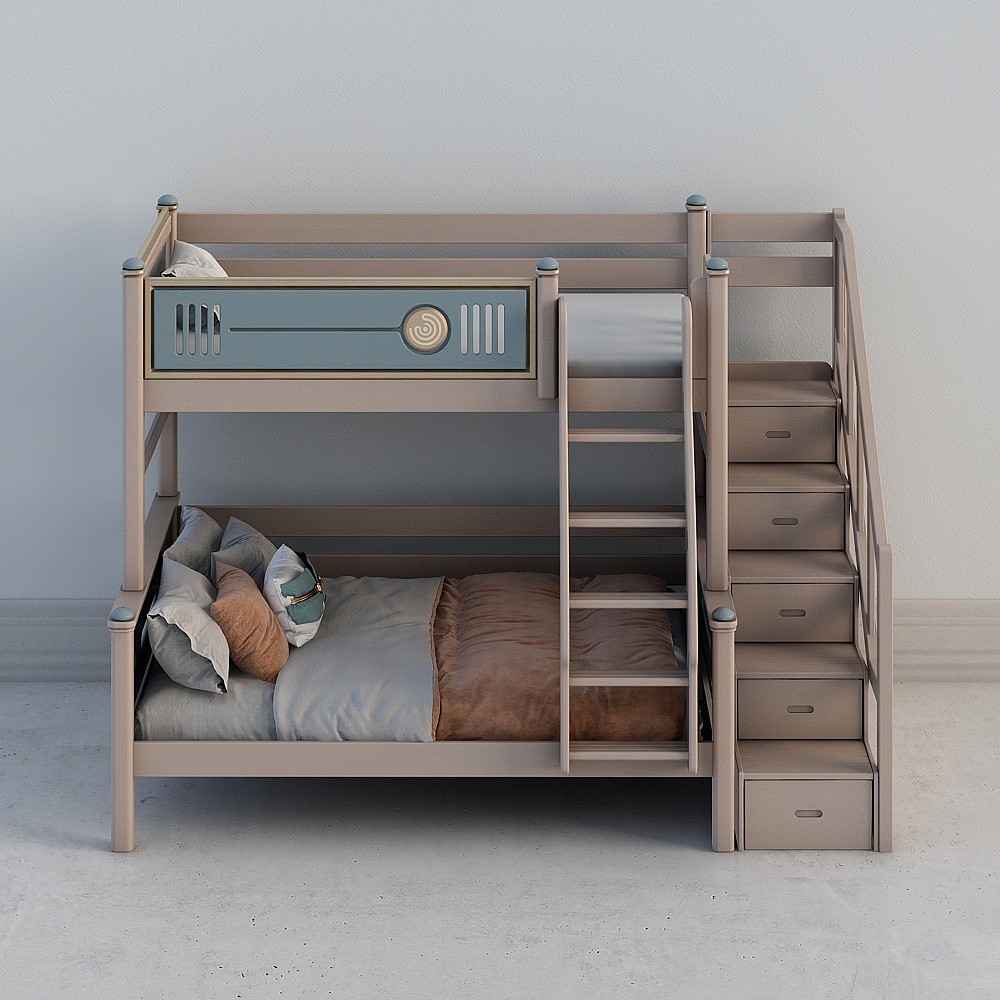 Beige wooden bunk bed with blue panel and storage stairs on grey background