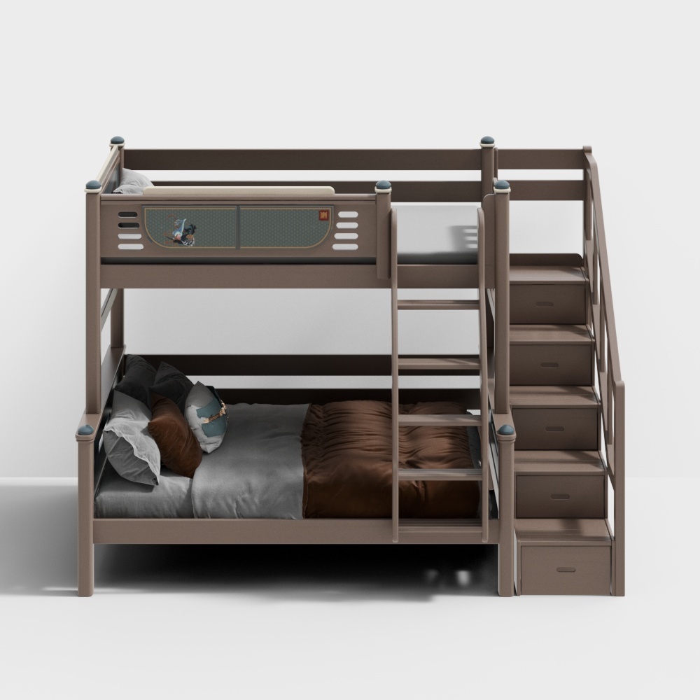 Modern brown wooden bunk bed with stairs drawers grey bedding on white background