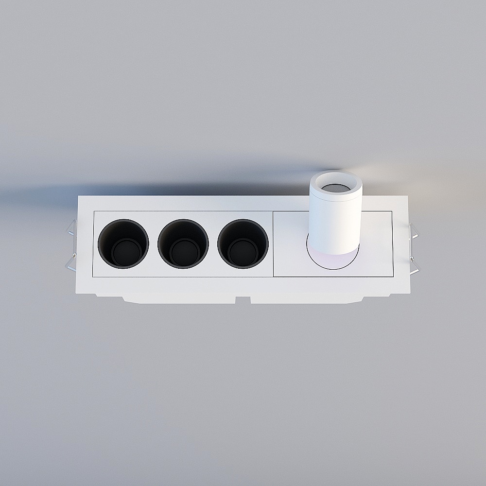 Modern white ceiling light fixture with three black spots and one cylinder on grey background