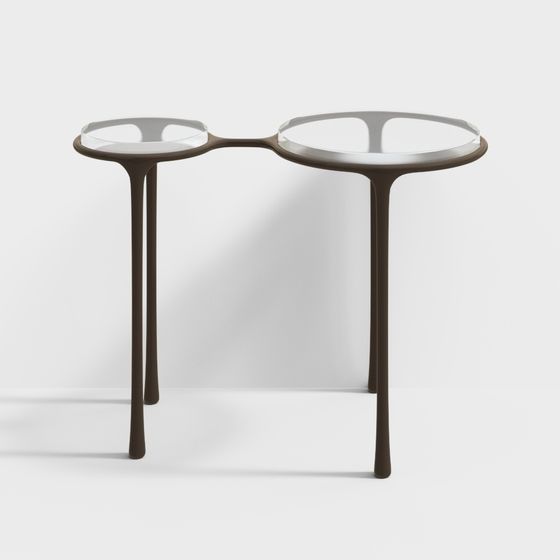 Modern double round side table with glass tops and brown metal legs on white background