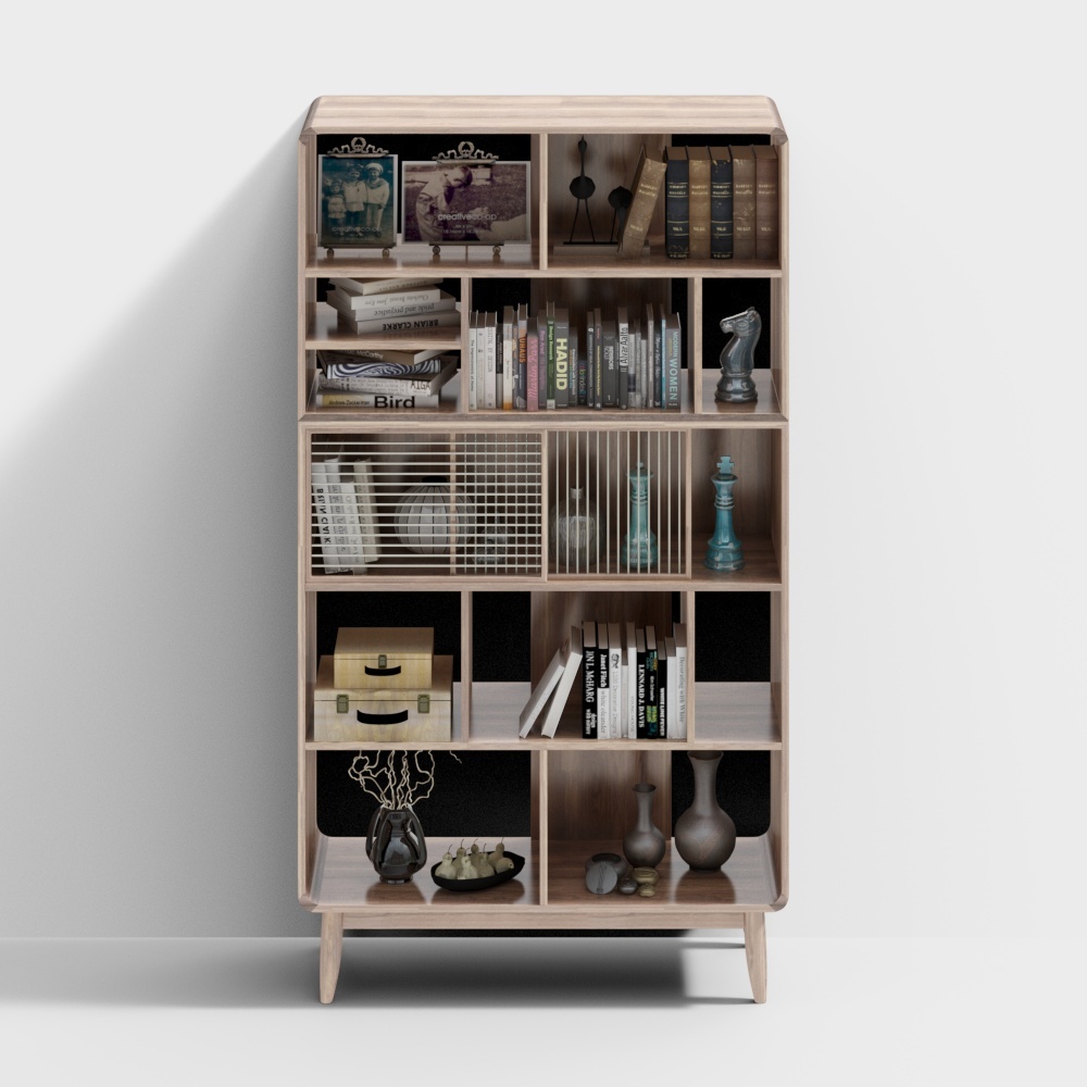 A 3D Model of Scandinavian solid Wood bookcase and Book Accessor