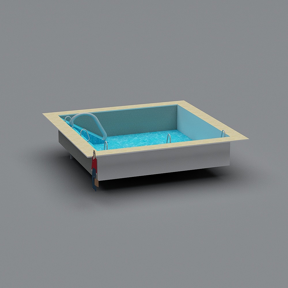 Rectangular in-ground swimming pool with blue water and metal ladder on grey background