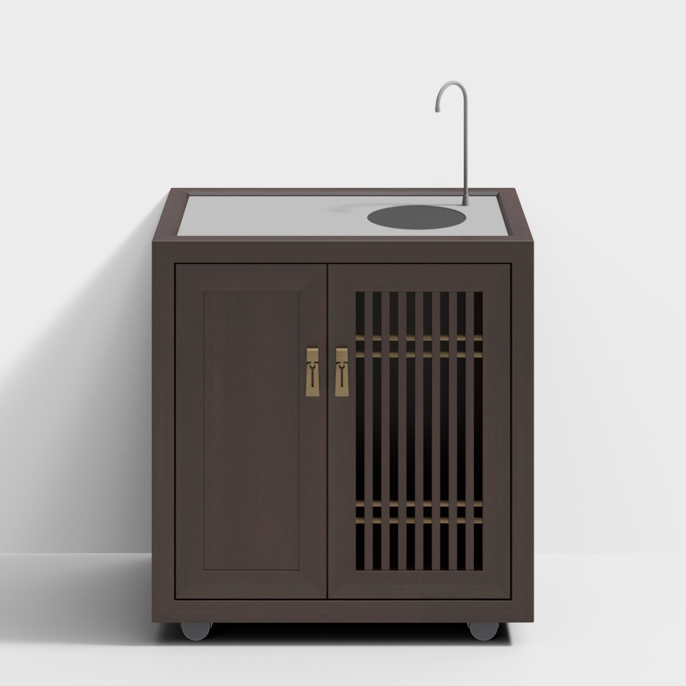 Dark brown wooden cabinet with sink and slatted door on white background