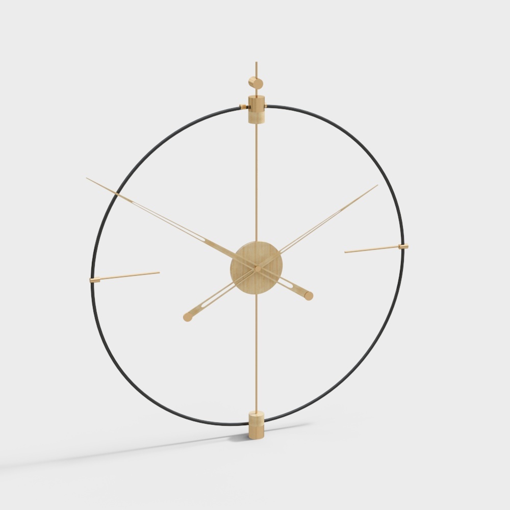 Modern black metal round wall clock with gold hands and wood center on white background