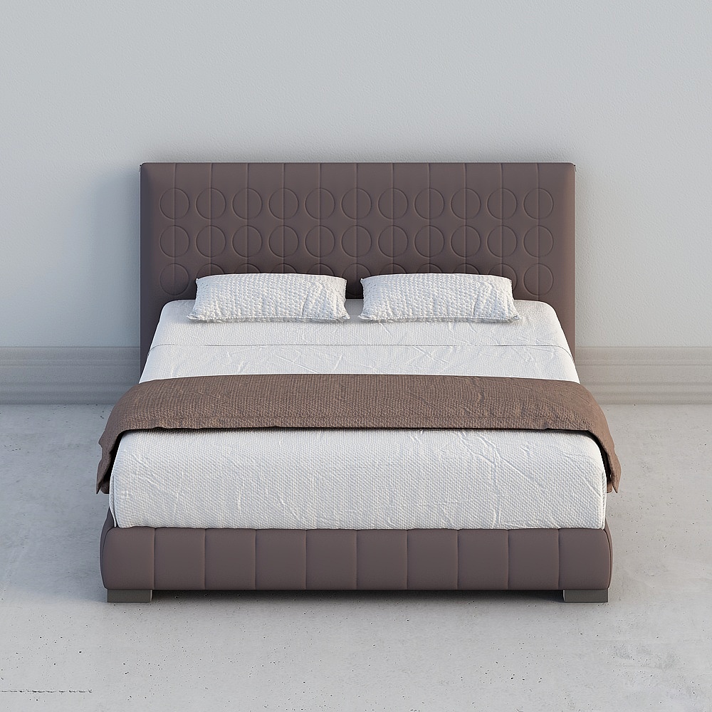 Modern brown upholstered bed with circular pattern headboard white bedding on grey background