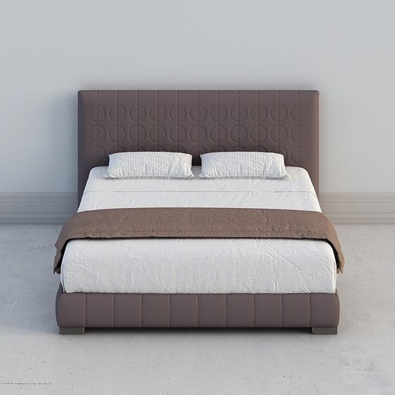 Modern brown upholstered bed with circular pattern headboard white bedding on grey background