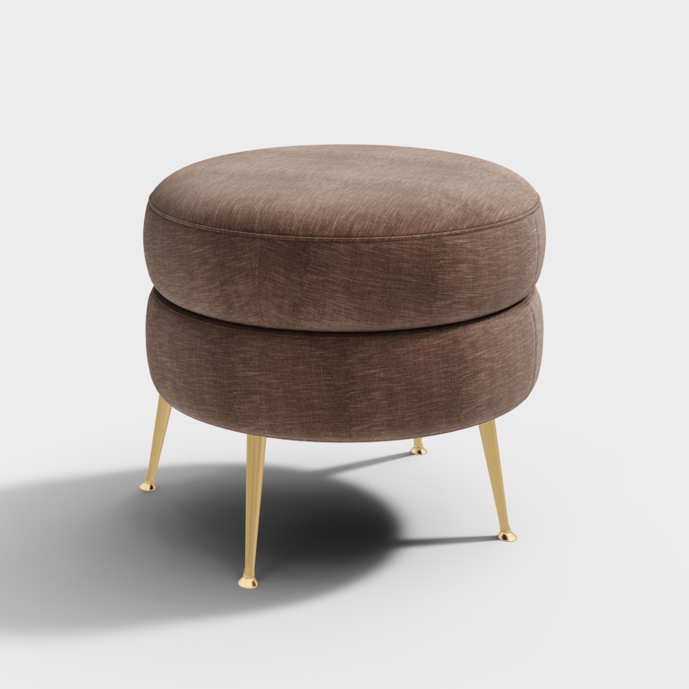 Round brown fabric footrest with four gold metal legs on white background