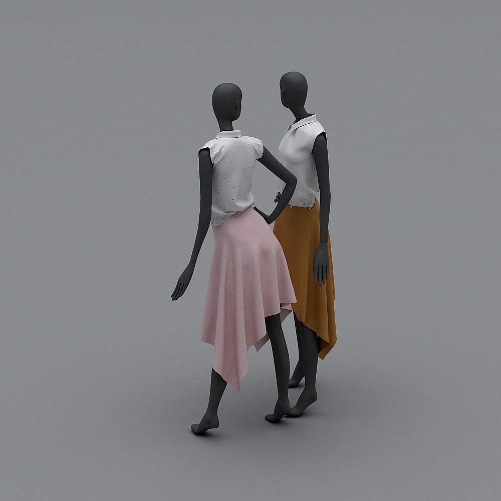 Two black mannequins wearing white tops and long skirts on grey background