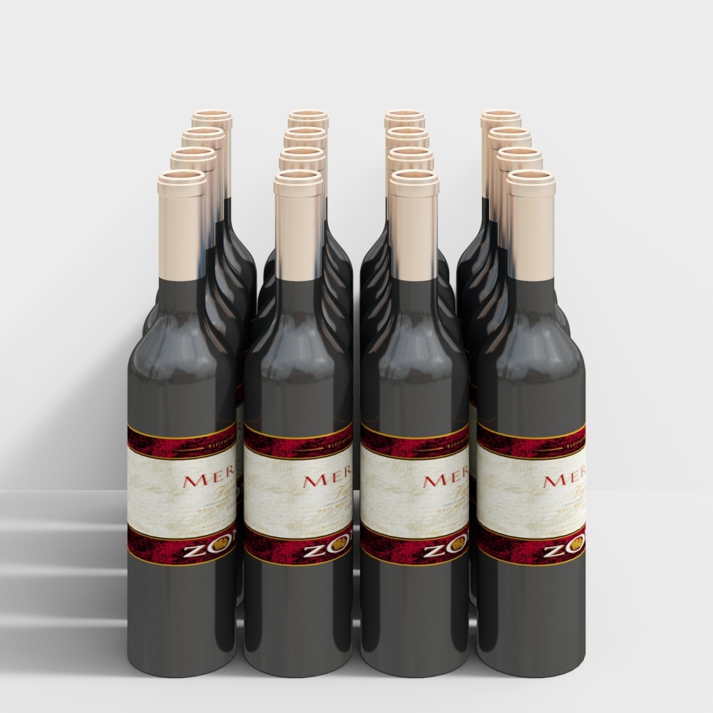 Four rows of dark glass wine bottles with red and white labels on grey background