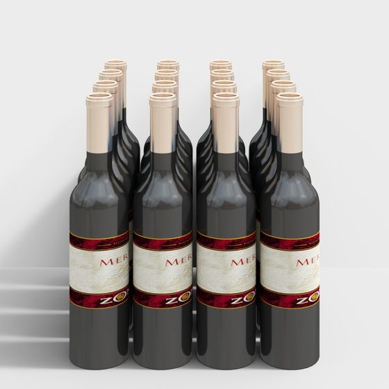 Four rows of dark glass wine bottles with red and white labels on grey background
