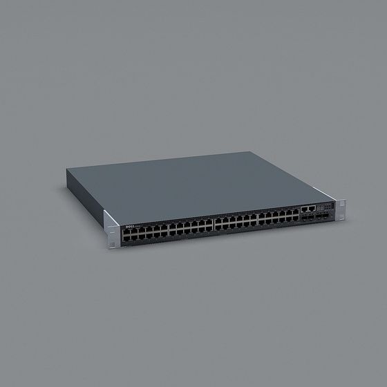 Dell network switch with many ports and silver rack ears on grey background