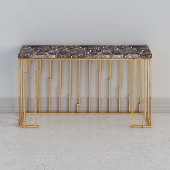 Luxurious Long Table 3D model with Marble and Gold Frame