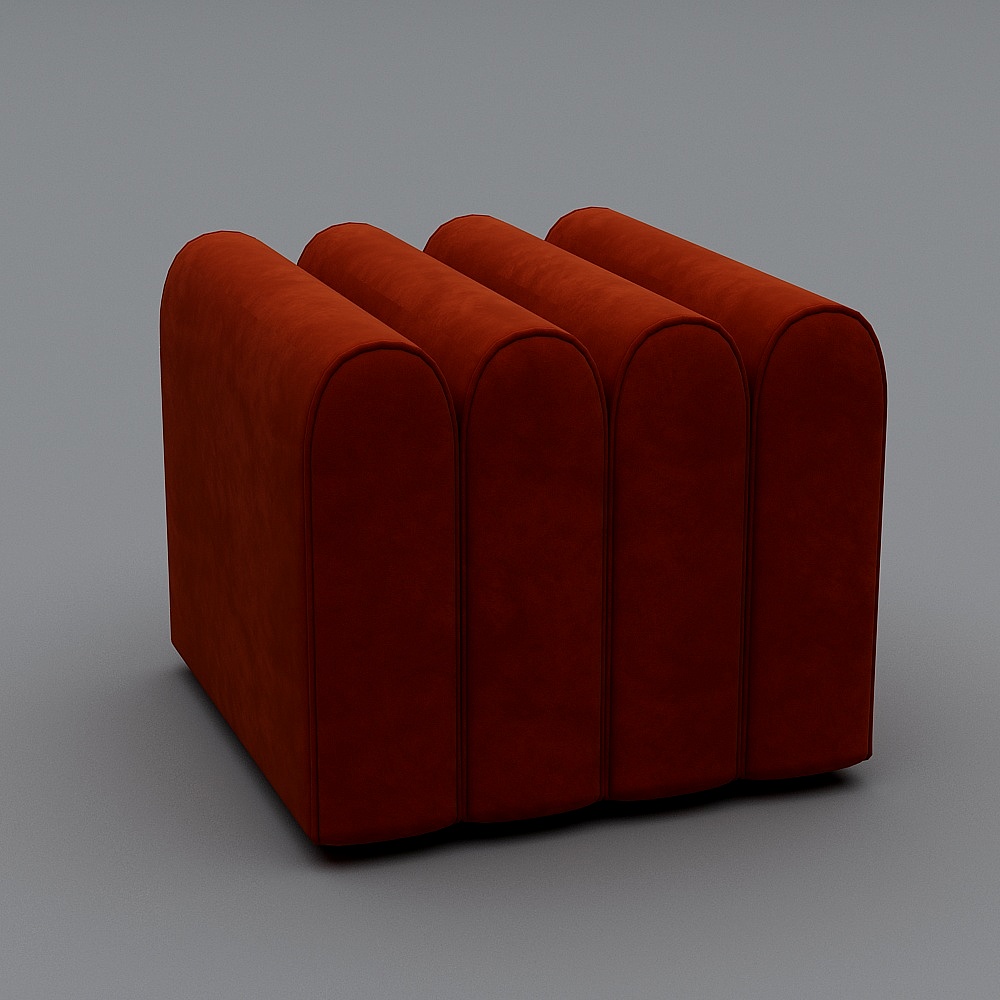 Modern red fabric sofa with four rounded sections on grey background