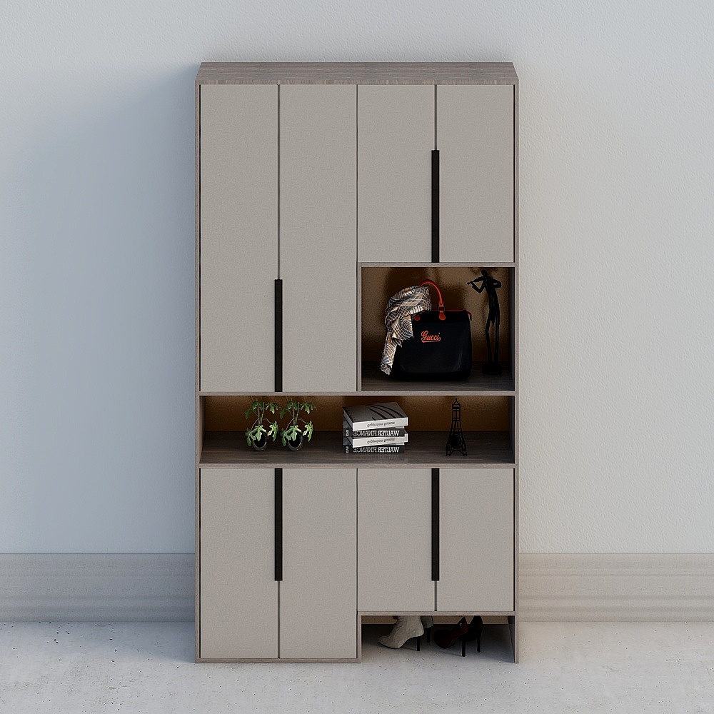 Modern beige storage cabinet with black handles and open shelves on white background