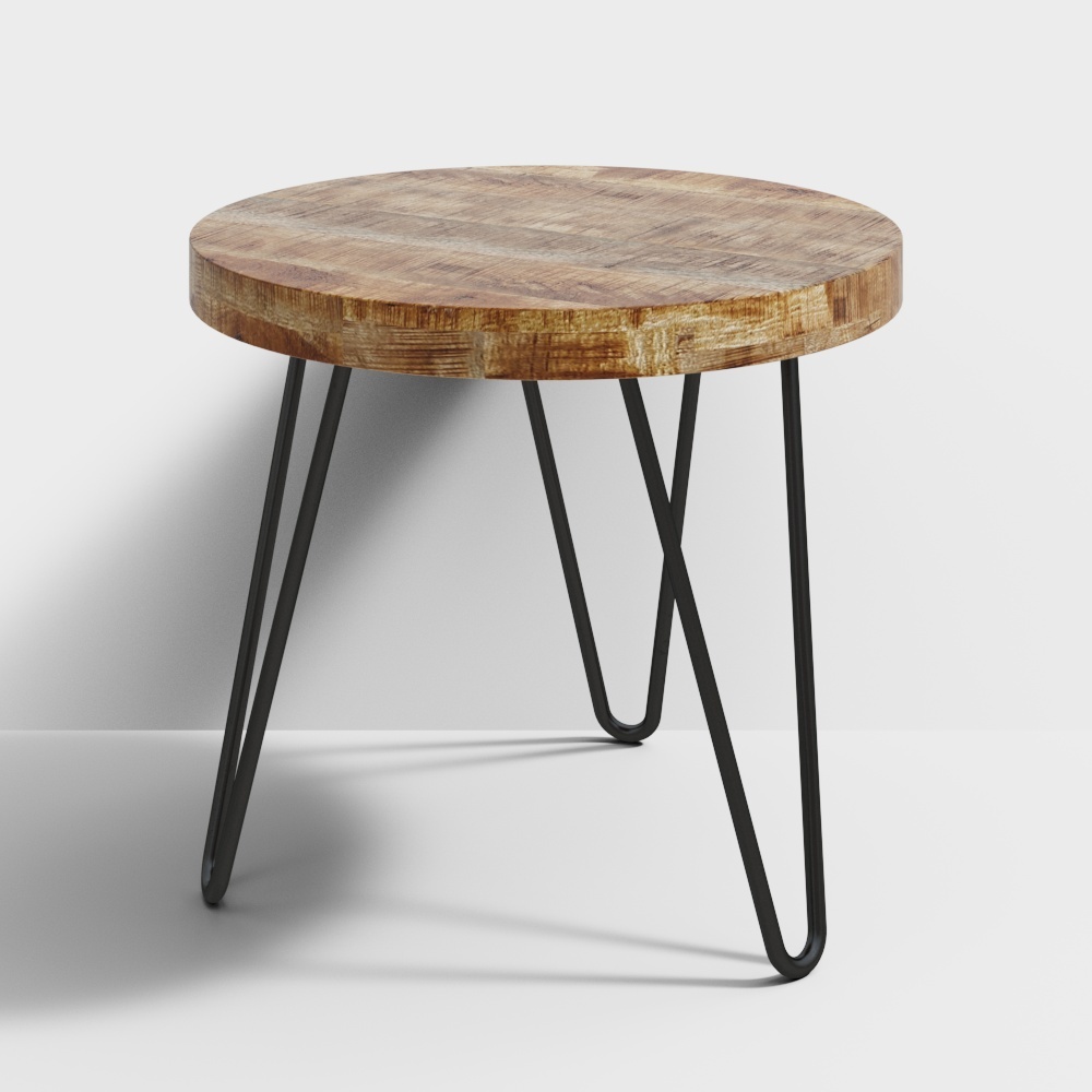 Round wooden side table with black metal hairpin legs on white background