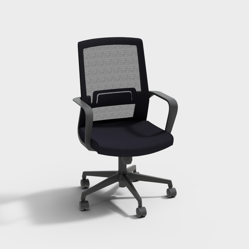 Modern black mesh office chair with grey seat and wheels on white background