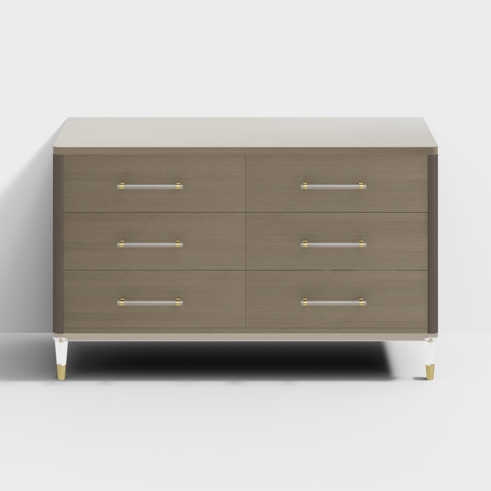 Modern brown wood dresser with six drawers and gold legs on white background