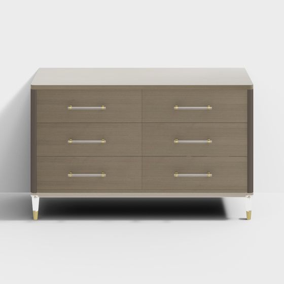 Modern brown wood dresser with six drawers and gold legs on white background