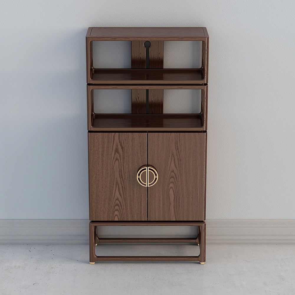 Modern dark brown wooden cabinet with gold handle and open shelves on white background