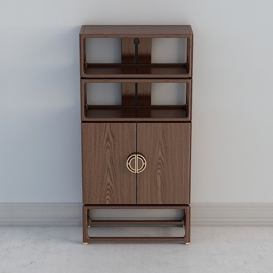 Modern dark brown wooden cabinet with gold handle and open shelves on white background