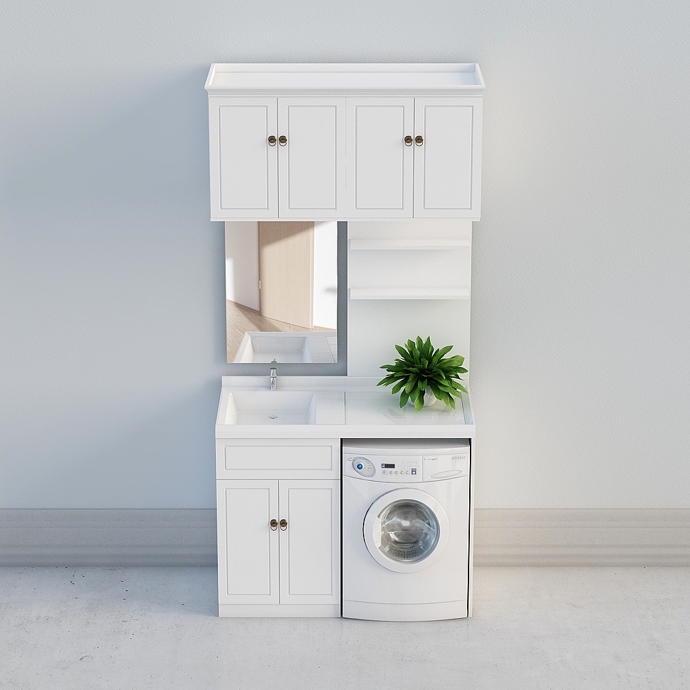 White laundry cabinet with sink mirror shelf and washing machine on light grey background