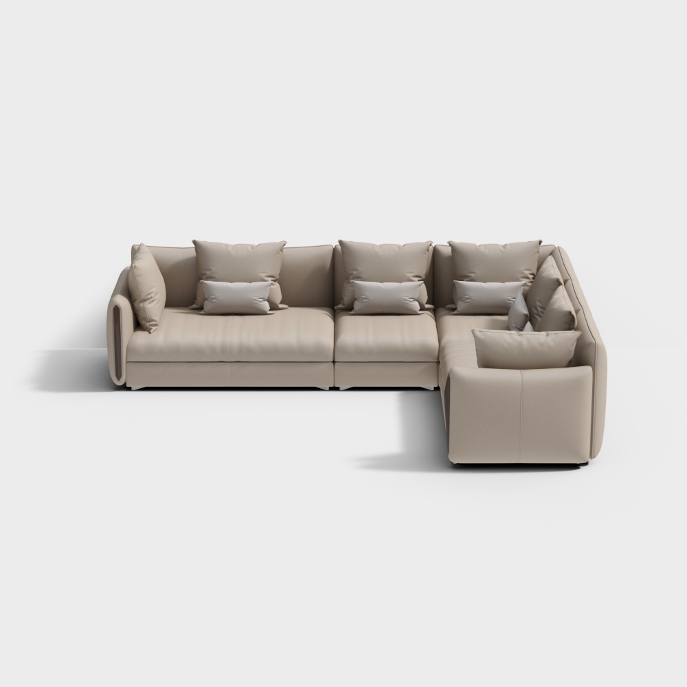 Beige leather L-shaped sectional sofa with many soft pillows on white background