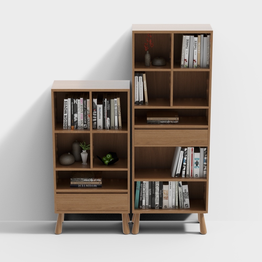 Modern light wood bookshelf with open shelves and drawer on white background