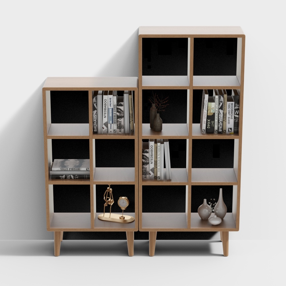 Modern light wood bookcase with black shelves and decorative items on white background