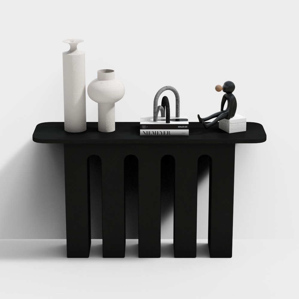 Modern black console table with four legs and white vases on white background