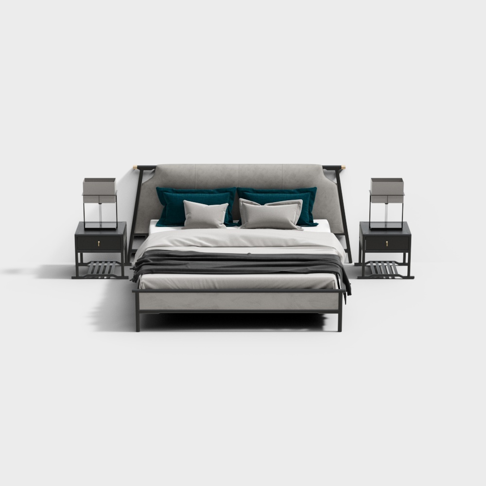Elegant Minimalist Bed Set 3D Model – Gray Leather Design