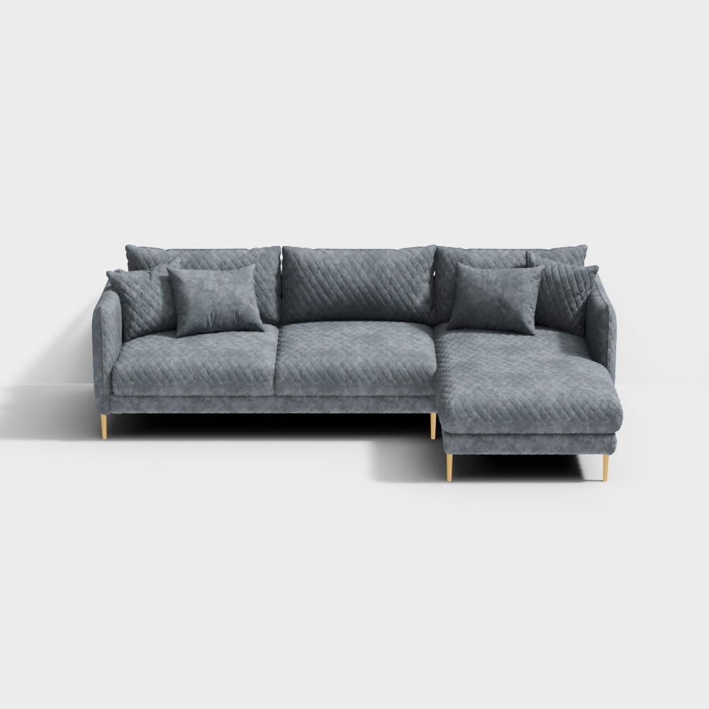 Modern grey fabric sectional sofa with quilted texture and wooden legs on white background