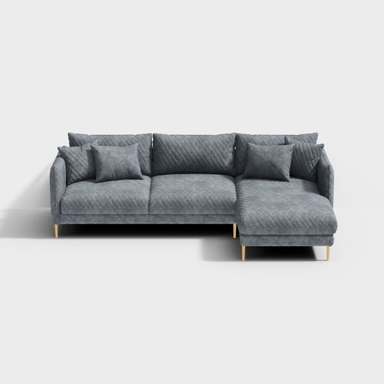 Modern grey fabric sectional sofa with quilted texture and wooden legs on white background
