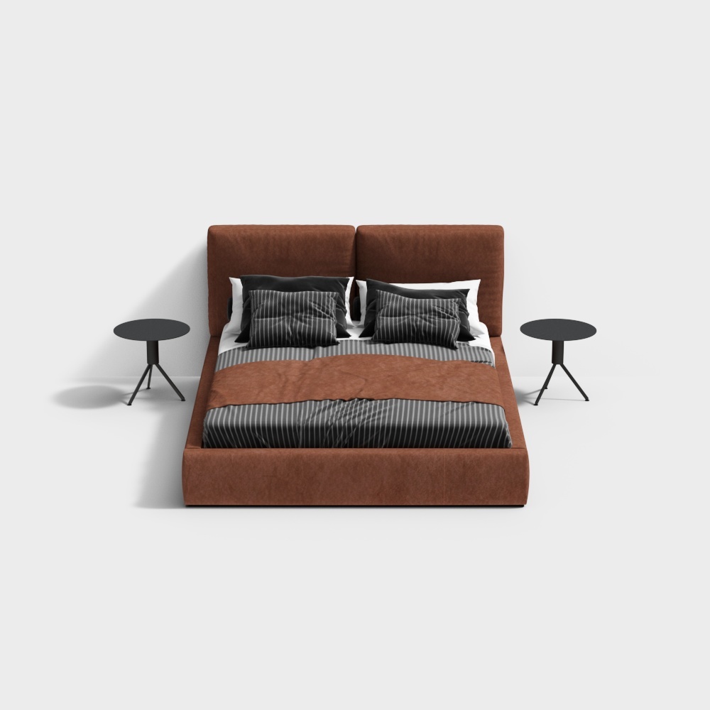 Urban Comfort Bed 3D Model – Leather and Striped Bedding