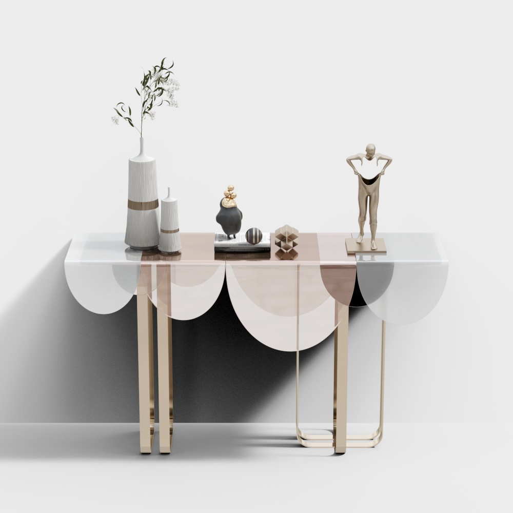Modern console table with curved glass top and gold metal legs on white background