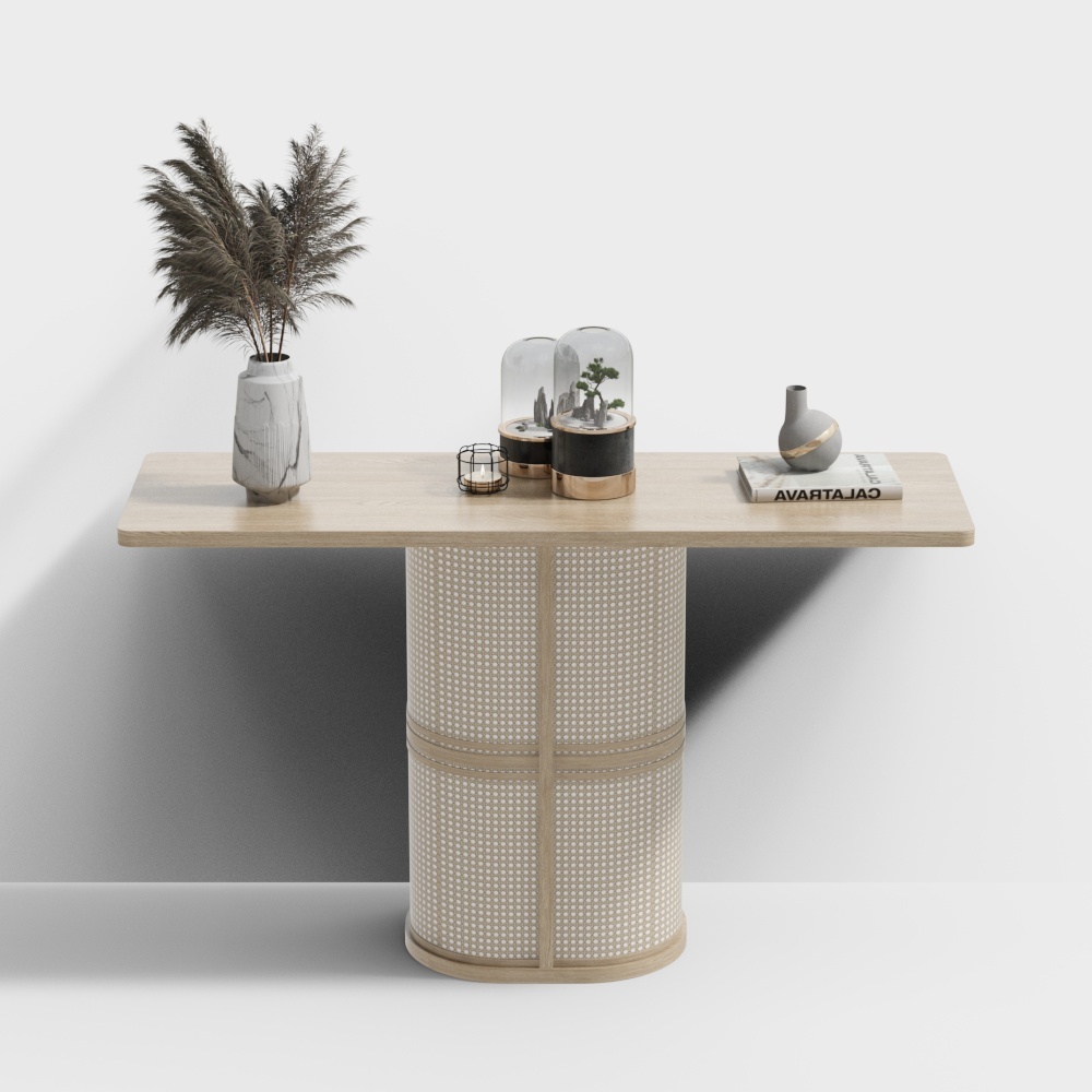 Modern light wood console table with cylindrical rattan base and decor on white background
