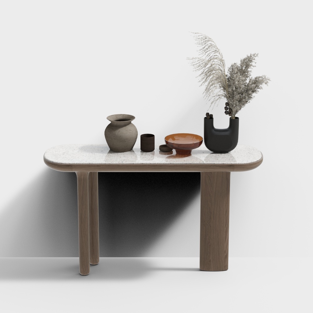 Modern console table with white terrazzo top and wooden legs on grey background
