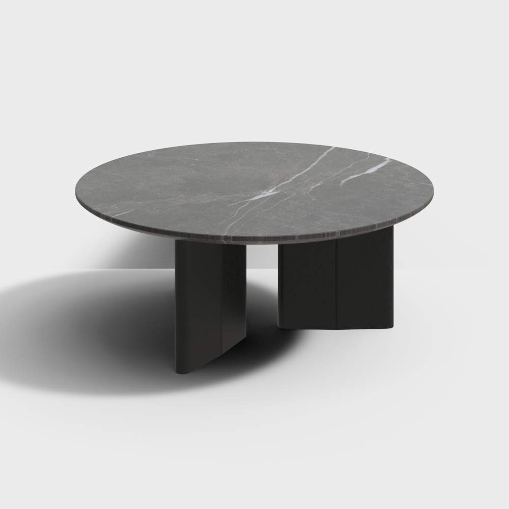 Modern round dining table with grey marble top and black legs on white background