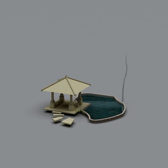 Serene Pavilion 3D model near a Pond