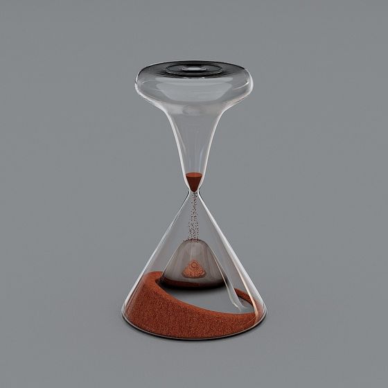 Clear glass hourglass with brown sand and cone on grey background