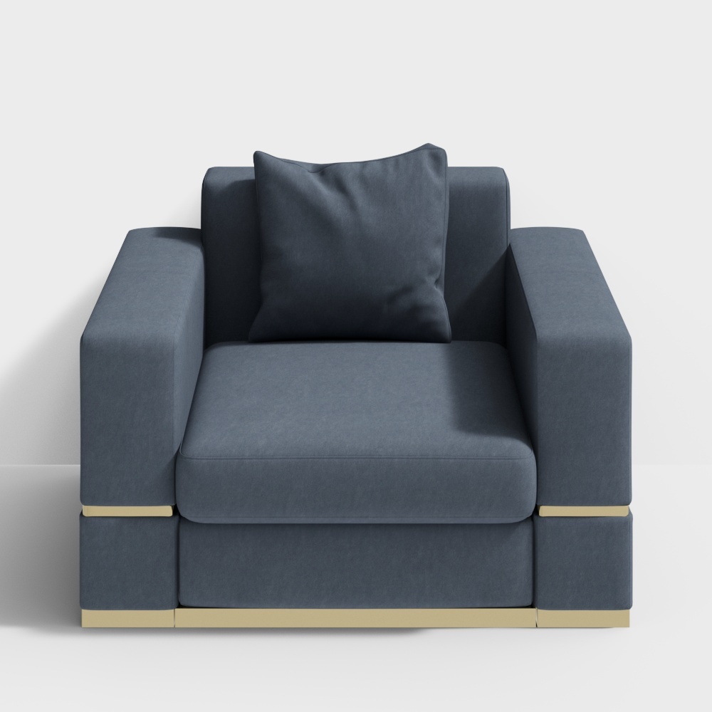 Modern dark blue fabric armchair with gold metal base and pillow on white background