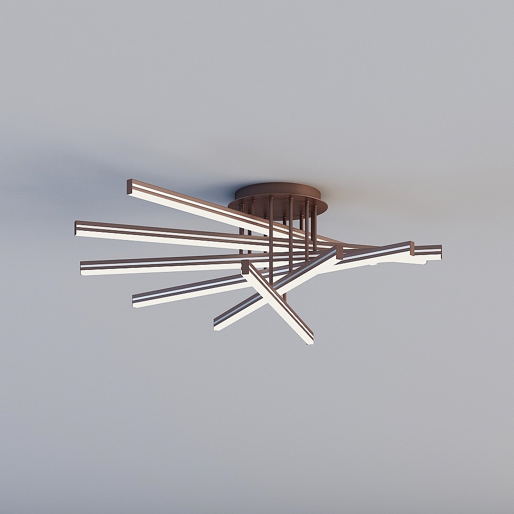 Modern brown metal ceiling light with white linear bars on grey background