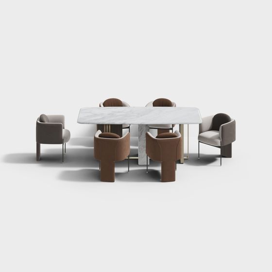 Marble Dining Table and Leather Chair Set 3D model
